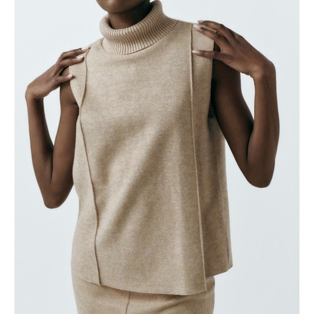Zara Tan/Beige Turtleneck Ribbed Trim Cozy Sleeveless Sweater Vest Size Large